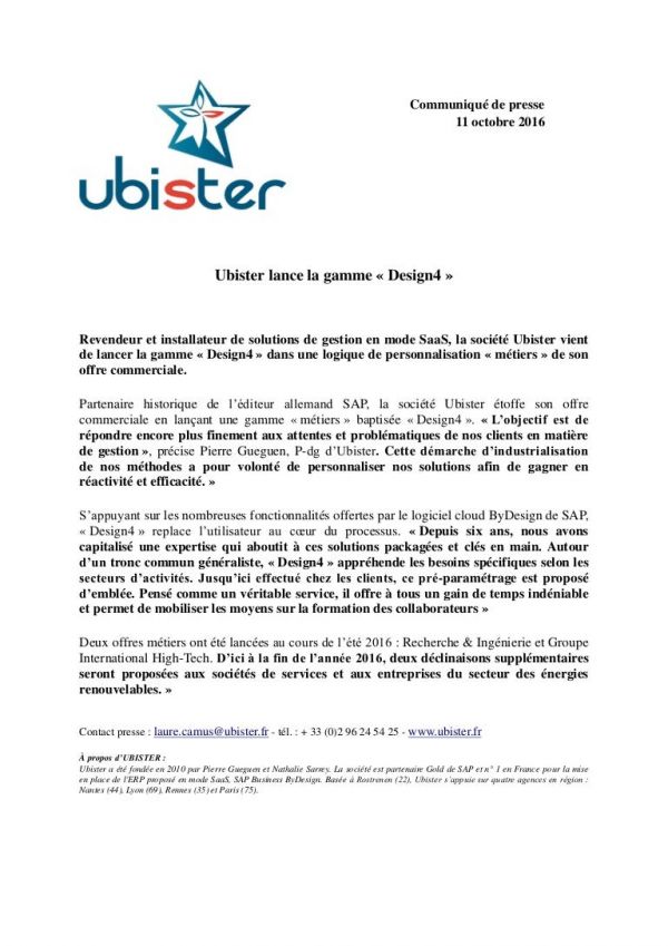 Communiqué de presse : Ubister lance la gamme « Design4 »