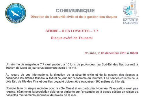 2 MAJ - ALERTE : un séisme de magnitude 7,5 au large de la Nouvelle-Calédonie, l'alerte au tsunami déclenchée