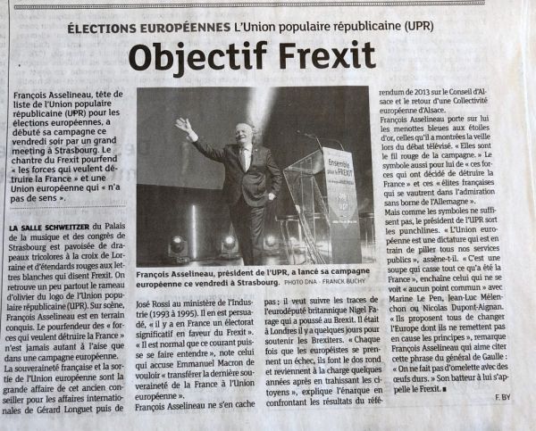LES « DERNIÈRES NOUVELLES D'ALSACE » CONSACRENT UN ARTICLE AU PREMIER GRAND MEETING DE L'UPR À STRASBOURG.
