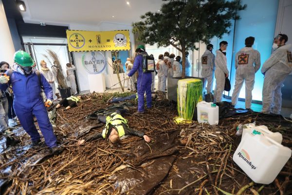 Des militants reproduisent une "nature morte" chez Bayer-Monsanto