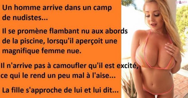 Blague drôle, c’est sa première fois dans un camp de nudistes et il n’arrive pas à cacher son excitation