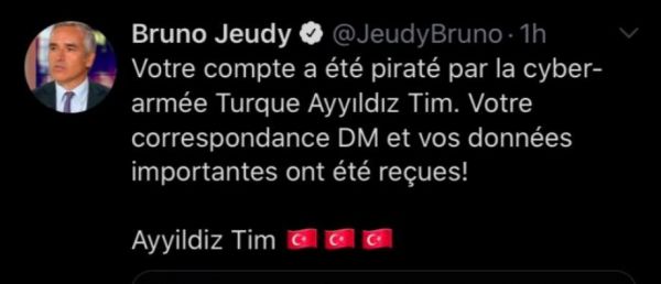 Le compte Twitter du journaliste de Paris Match, Bruno Jeudy, piraté par une équipe de hackers turcs, qui l'avait déjà ciblé il y a un an et demi