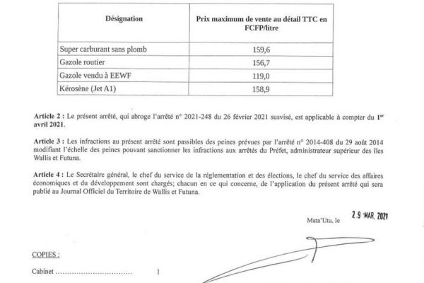 Les prix des carburants continuent d'augmenter ce 1er avril à Wallis et Futuna
