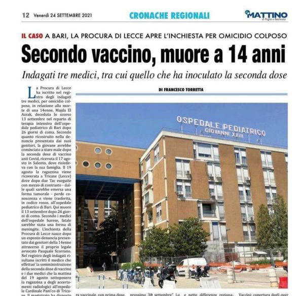 Décès post-vaccinal d’un ado de 14 ans en Italie : le procureur inculpe trois médecins !
