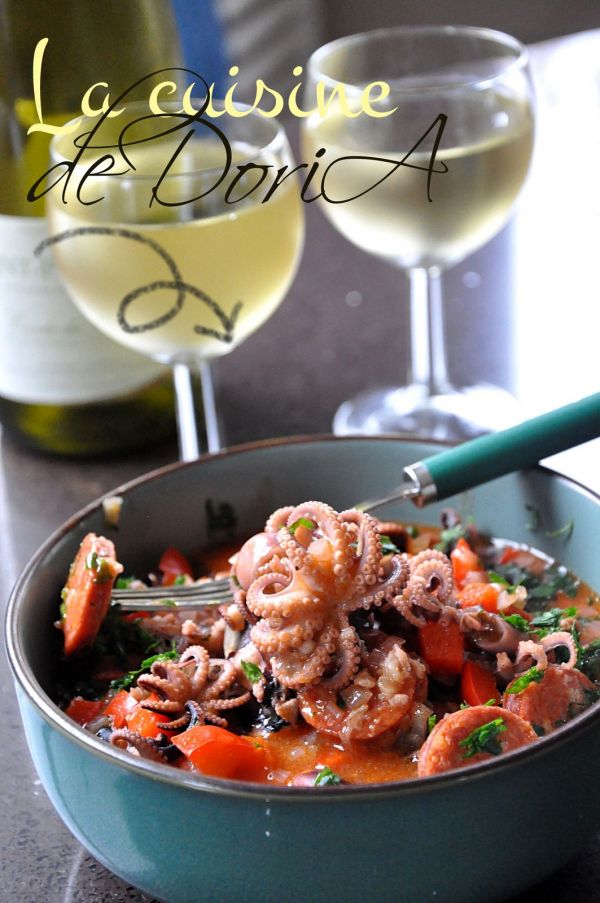Petits poulpes au chorizo et poivron rouge
