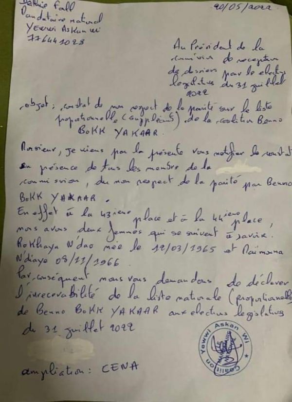 Liste nationale  Benno Bokk Yaakar: le mandataire de "Yewwi" décéle une entorse à la parité