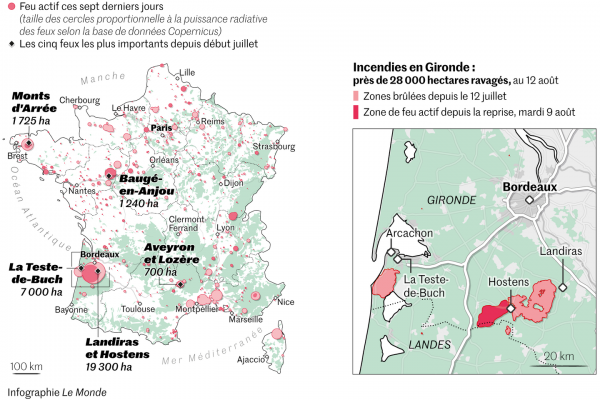 La carte des incendies en France depuis le début de l'été