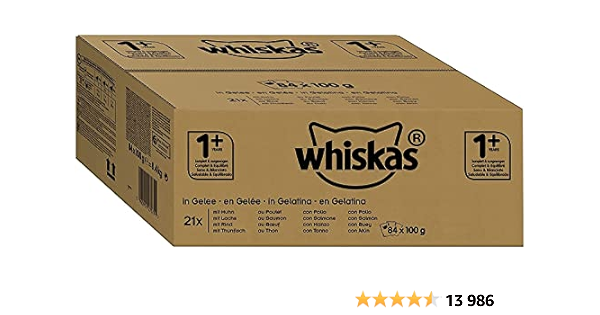 WHISKAS Repas pour Chat - 84 Sachets Fraîcheur 100g - Pâtée pour Chat en Gelée - Poulet / Saumon / Boeuf / Thon - Nourriture Complète & Equilibrée avec des Ingrédients Naturels, Adapté [...]