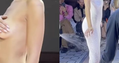 Bella Hadid nue dans une robe peinture à la Fashion Week