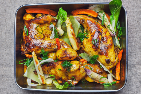 Lapin rôti et légumes aux épices colombo