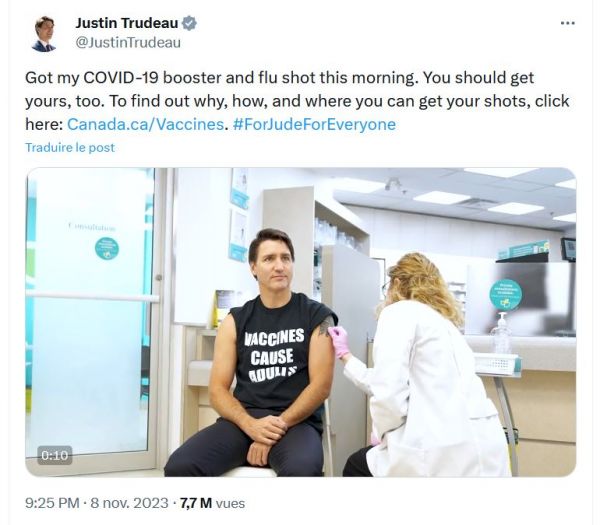 On est fin 2023 et Trudeau fait encore de la pub pour Pfizer