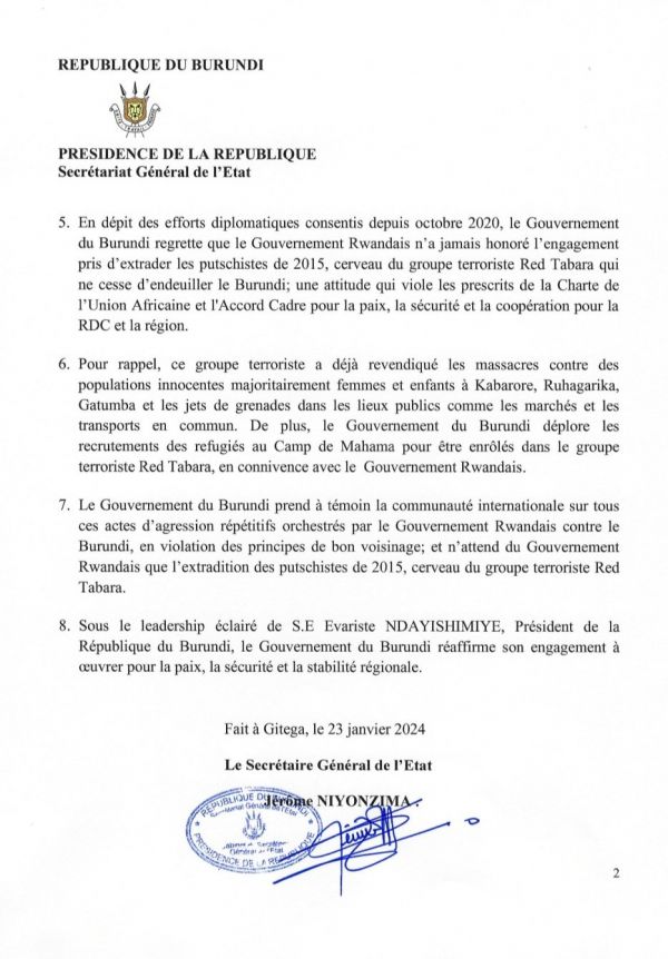 Burundi : Réaction officielle aux fausses informations des médias du Rwanda.