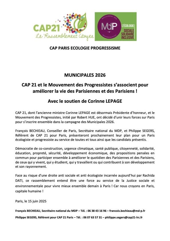 Municipales 2026 à Paris  CAP 21 – LRC et le Mouvement des Progressistes s’associent pour améliorer le quotidien des Parisiennes et des Parisiens !