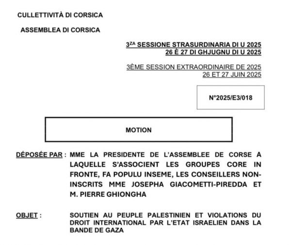 L'Assemblée de Corse reconnaît avant la France l'État de Palestine ! Gloire à la Corse et à son digne peuple.