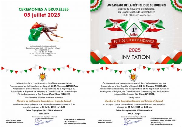 Burundi / Agenda : 5 juillet 2025, à 14h, Belgique, 63ème anniversaire de l'indépendance
