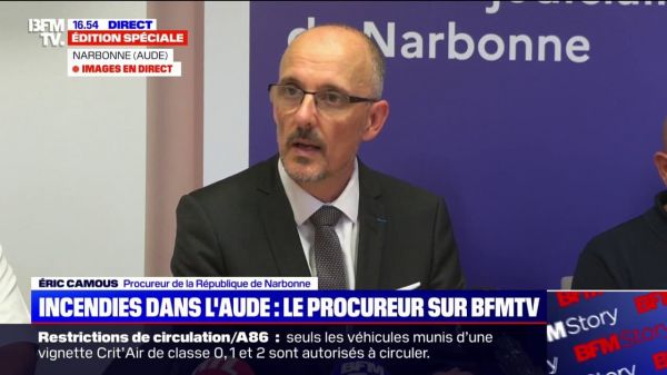 Incendie dans l'Aude: le suspect "a été mis en examen pour des faits d'incendie involontaire", indique Éric Camous, procureur de la République de Narbonne