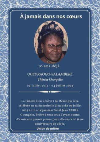 In memoriam | OUEDRAOGO-SALAMBERE Thérèse Georgette, 10ième anniversaire de décès