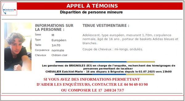 Disparition d'un ado à Brignoles: où est passé Ezéchiel-Marie Chevalier?