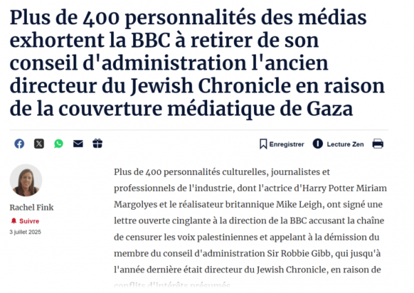 Fronde à la BBC accusée de proximité avec le lobby sioniste empêchant une couverture neutre du génocide à Gaza