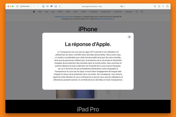 Transparence du suivi publicitaire : Apple affiche sa condamnation en France, mais maintient sa position
