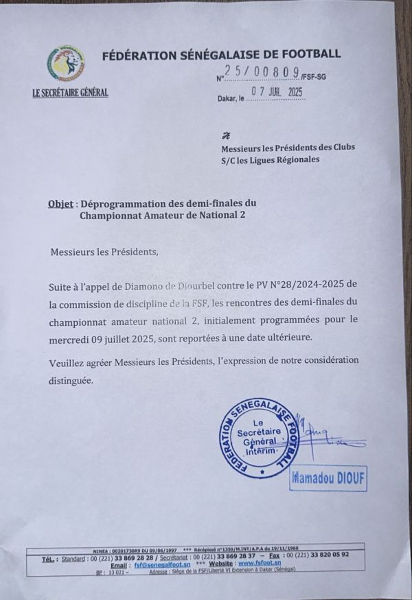 Suite à l'appel du Diamono vs Dahra: les demi - finales de la nationale 2, reportées à une date ultérieure