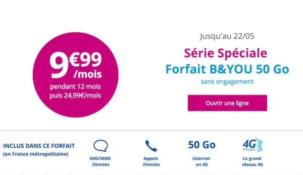 #Promo : Bouygues Telecom propose son forfait appels/SMS/MMS illimités et 50 Go à 9,99€/mois pendant un an