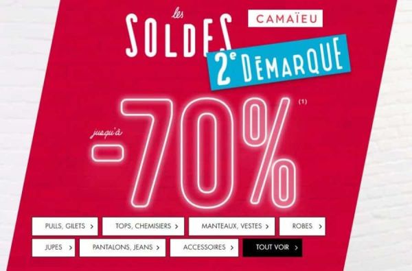 Jusqu'à -70% dans la deuxième démarque Soldes Camaïeu (10% à 15% suppl.)!