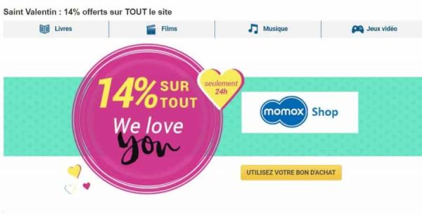 Saint Valentin Momox Store : -14% sur tout dès 14€ (livres, films, jeux vidéo... d'occasion)