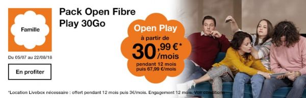 Orange : abonnement fibre fixe + mobile 30 Go Open Play à 30,99 € par mois pendant 1 an