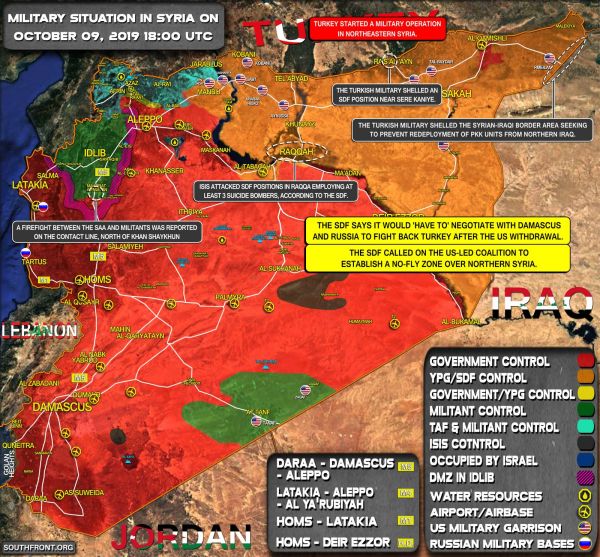 Situation militaire en Syrie au 9 octobre 2019 (Southfront)