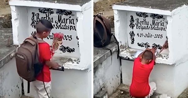 Vidéo émouvante : Un enfant honore sa mère défunte au cimetière, touchant le cœur de milliers de spectateurs