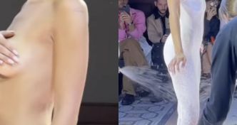 Bella Hadid nue dans une robe peinture à la Fashion Week