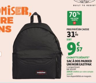 Bon plan Sac à dos EASTPAK Padded pas cher qui revient à moins de 10€ chez Auchan