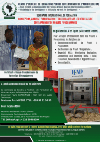 Communiqué | Séminaire international de formation à Lomé Conception, analyse, planification et gestion axée sur les résultats de développement de projets / programmes