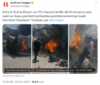 Du 13 au 20 juin, sur TF1, France 2 et M6 pas un seul sujet sur Gaza, pourtant bombardée quotidiennement par l’israël