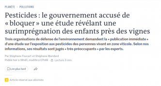 Pesticides : le gouvernement accusé de « bloquer » l’étude PestiRiv révélant un empoisonnement des enfants !