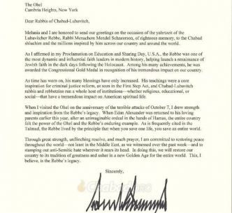 Donald Trump adresse une lettre en hommage au rabbi de Loubavitch