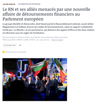 Le RN impliqué dans une nouvelle affaire de détournements financiers au Parlement européen à 4.3 millions €