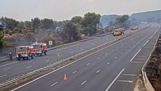 "On est bloqués, sortis des voitures, il fait 47 degrés à l'intérieur"... L'autoroute A9 toujours coupée à la circulation dans les deux sens, les automobilistes bloqués s'impatientent