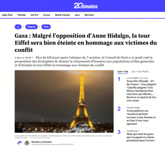 La sioniste Anne Hidalgo s’oppose à l’extinction de la tour Eiffel en hommage aux milliers de victimes gazaouis !
