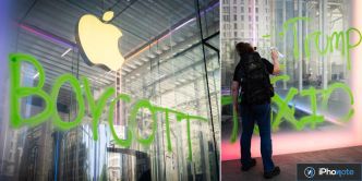 Des manifestants protestent contre Apple à la 5ème Avenue