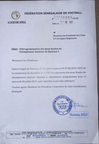 Suite à l'appel du Diamono vs Dahra: les demi - finales de la nationale 2, reportées à une date ultérieure