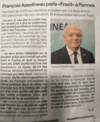 Dans son édition du 10 avril, le journal Ouest-France rend compte du grand meeting de l’UPR à Rennes le 9 avril au soir.