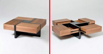 Cette belle table basse en bois a 4 tiroirs secrets qui en font un design vraiment cool