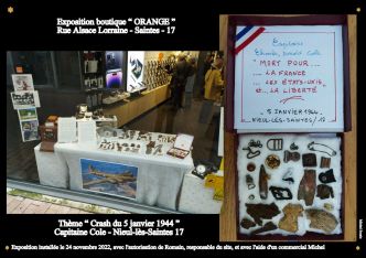 25 - Exposition vitrine Boutique ORANGE - Le capitaine Cole et son bombardier crashé à Saintes - 1944