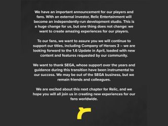 Relic Entertainment prend son envol et quitte SEGA