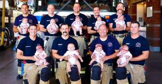 Neuf pompiers fêtent l’arrivée simultanée de leurs bébés par une adorable séance photo